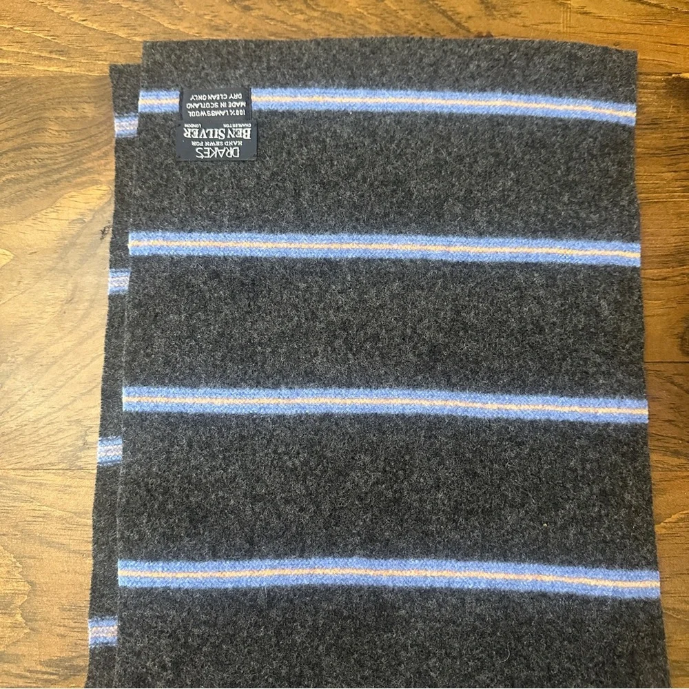Drake’s Ben Silver Scarf Hat Glove Set Lambs Wool Dark Gray Blue Stripe